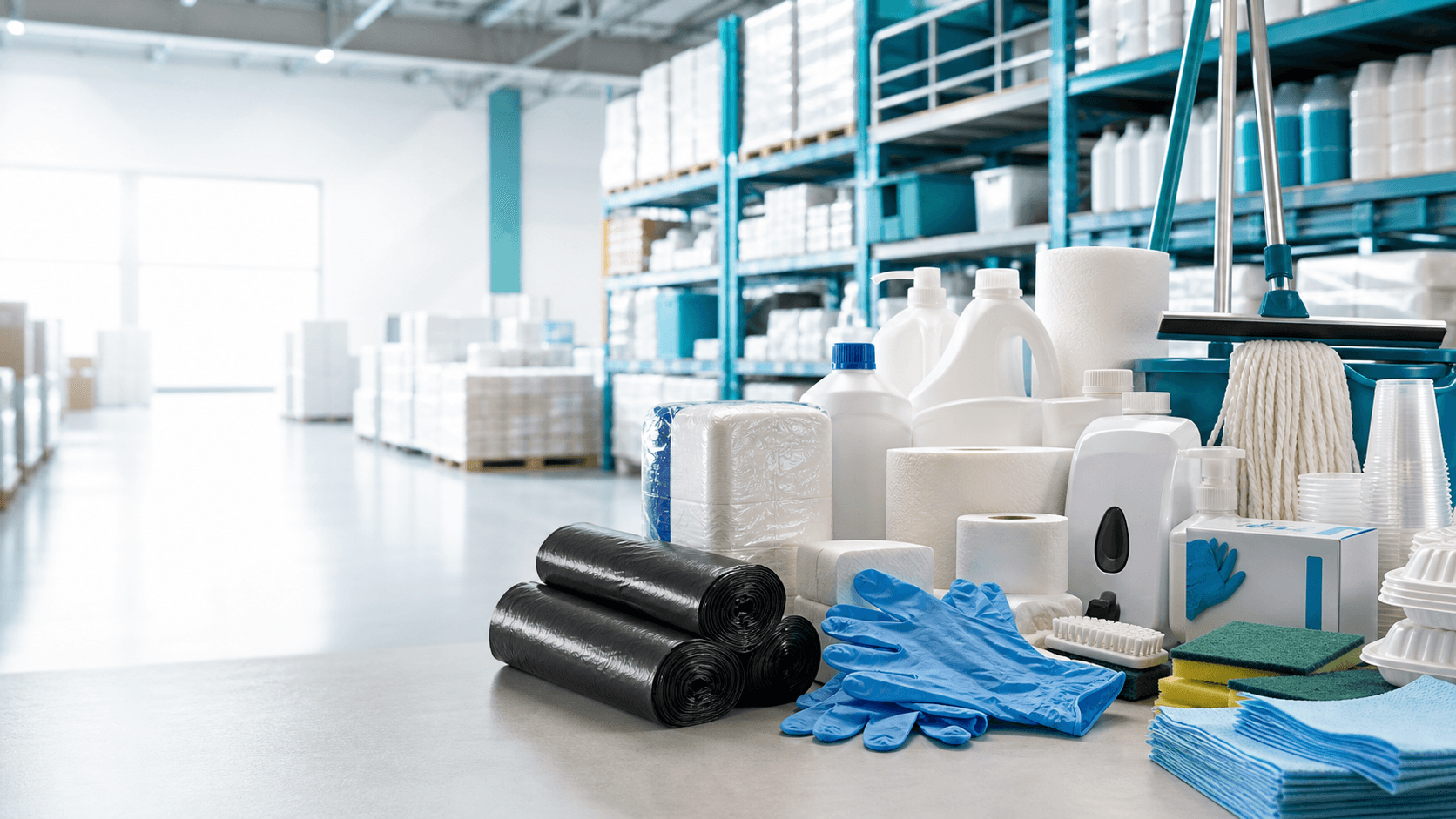 Produtos de limpeza profissional organizados para distribuição HigClean